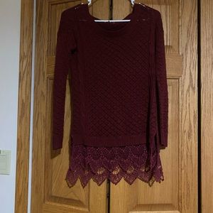 Maroon sweater with lace at the bottom